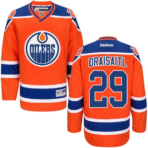 Mens Reebok Edmonton Oilers 29 Leon Draisaitl Premier Orange Third NHL Jersey
